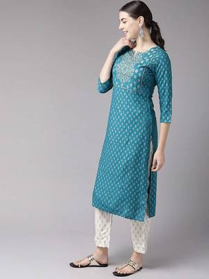 Teal-blue printed cotton kurti-trouser 2