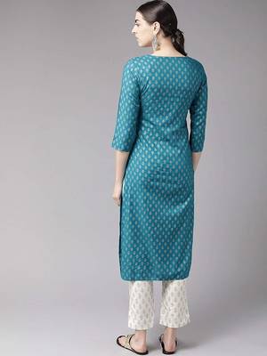 Teal-blue printed cotton kurti-trouser 3