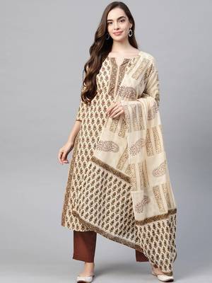 Beige printed cotton kurta-suits 1