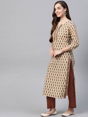 Beige printed cotton kurta-suits 2