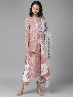 Peach printed cotton kurta-suits 4