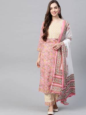 Pink printed cotton kurta-suits 1