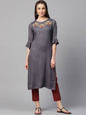 Grey embroidered rayon kurti-trouser 1