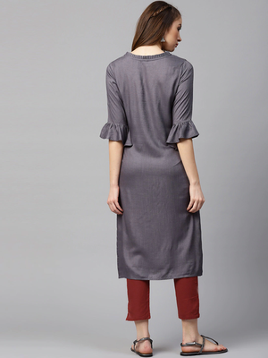 Grey embroidered rayon kurti-trouser 3