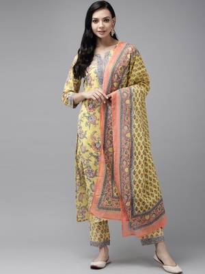 Yellow printed cotton kurta-suits 1