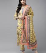 Yellow printed cotton kurta-suits