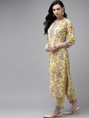 Yellow printed cotton kurta-suits 2