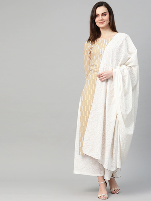 Beige printed cotton kurta-suits 1
