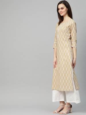 Beige printed cotton kurta-suits 2