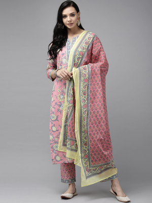 Pink printed cotton kurta-suits 1