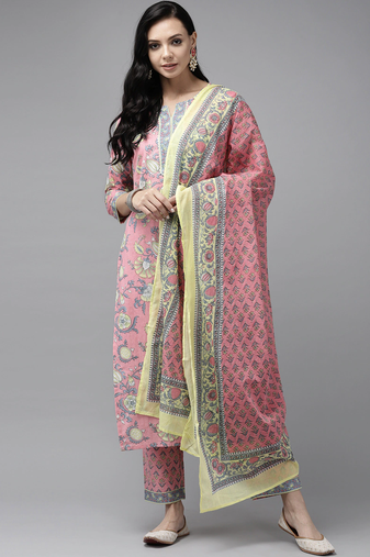 Pink printed cotton kurta-suits