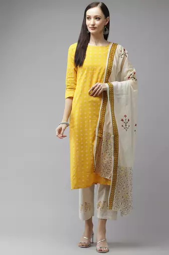 Mustard printed cotton kurta-suits