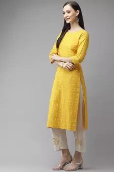 Mustard printed cotton kurta-suits