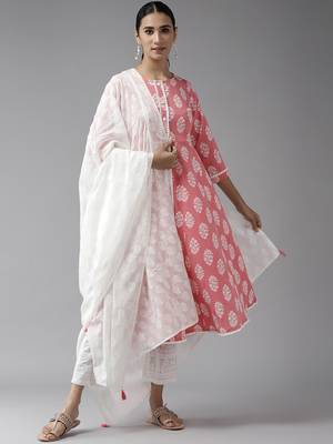 Pink printed cotton kurta-suits 1