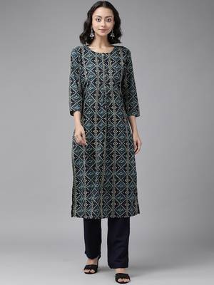 Teal-blue printed cotton kurta pant set 1