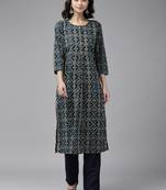 Teal-blue printed cotton kurta pant set
