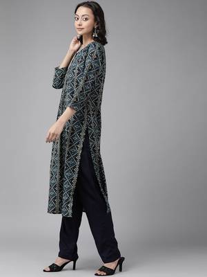 Teal-blue printed cotton kurta pant set 2