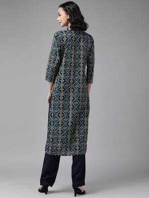 Teal-blue printed cotton kurta pant set 3