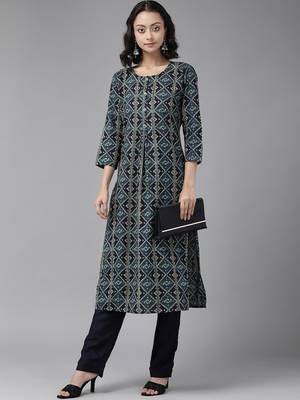 Teal-blue printed cotton kurta pant set 4