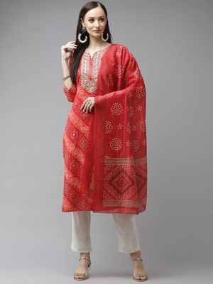 Red printed cotton kurta-suits 1