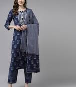 Navy-blue printed cotton kurta-suits