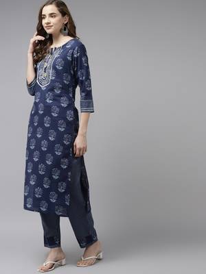 Navy-blue printed cotton kurta-suits 2