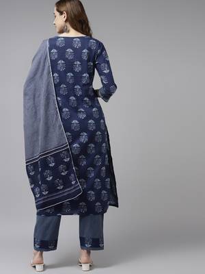 Navy-blue printed cotton kurta-suits 3