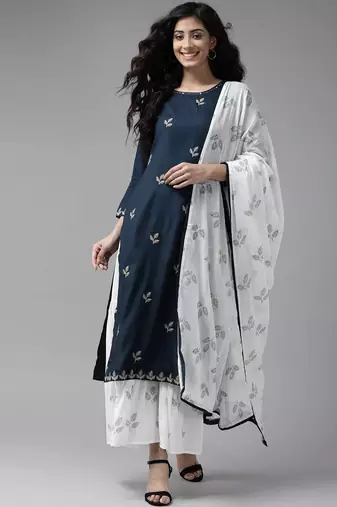 Navy-blue embroidered rayon kurta-suits