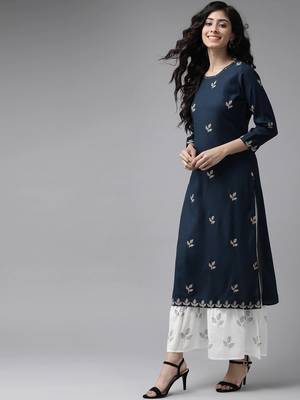 Navy-blue embroidered rayon kurta-suits 2