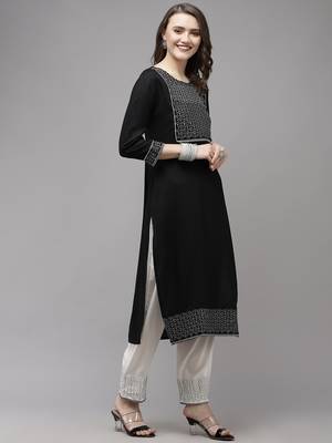Black embroidered rayon kurta-suits 2