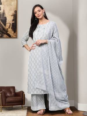 Grey printed cotton kurta-suits 1