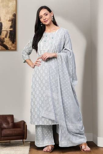 Grey printed cotton kurta-suits