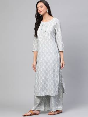 Grey printed cotton kurta-suits 2