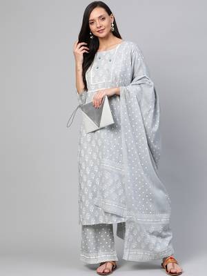 Grey printed cotton kurta-suits 4