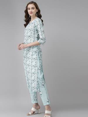 Sky-blue printed cotton kurta-suits 2