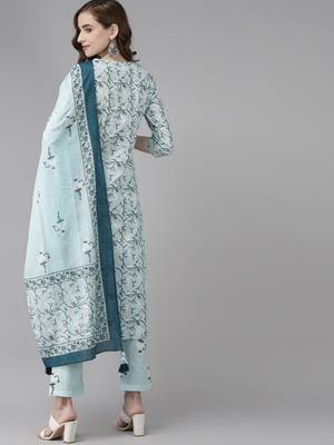 Sky-blue printed cotton kurta-suits 3