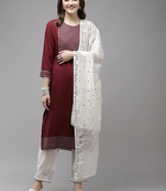 Burgundy embroidered rayon kurta-suits