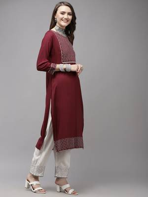 Burgundy embroidered rayon kurta-suits 2
