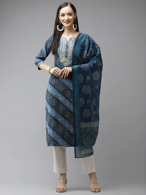 Blue printed cotton kurta-suits 1