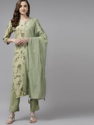 Olive printed silk kurta-suits 1