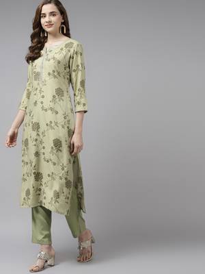 Olive printed silk kurta-suits 2