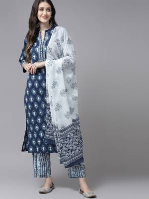 Blue printed cotton kurta-suits 1