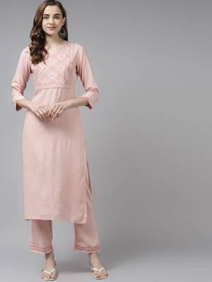 Pink embroidered rayon palazzo-kurta 1
