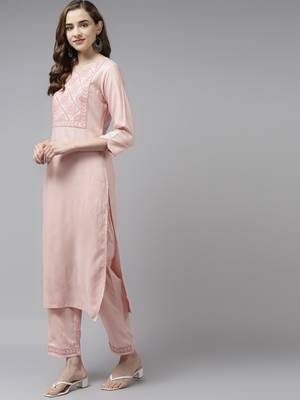 Pink embroidered rayon palazzo-kurta 2