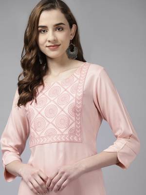 Pink embroidered rayon palazzo-kurta 4