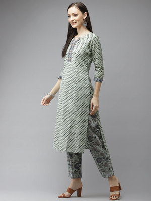 Green printed cotton kurta-suits 2
