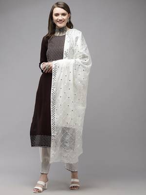 Brown embroidered rayon kurta-suits 1