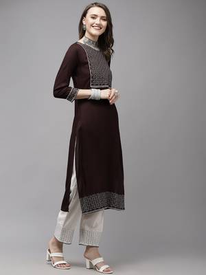 Brown embroidered rayon kurta-suits 2