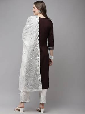Brown embroidered rayon kurta-suits 3
