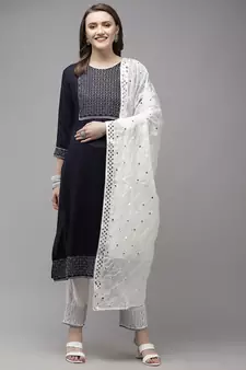 Navy-blue embroidered rayon kurta-suits